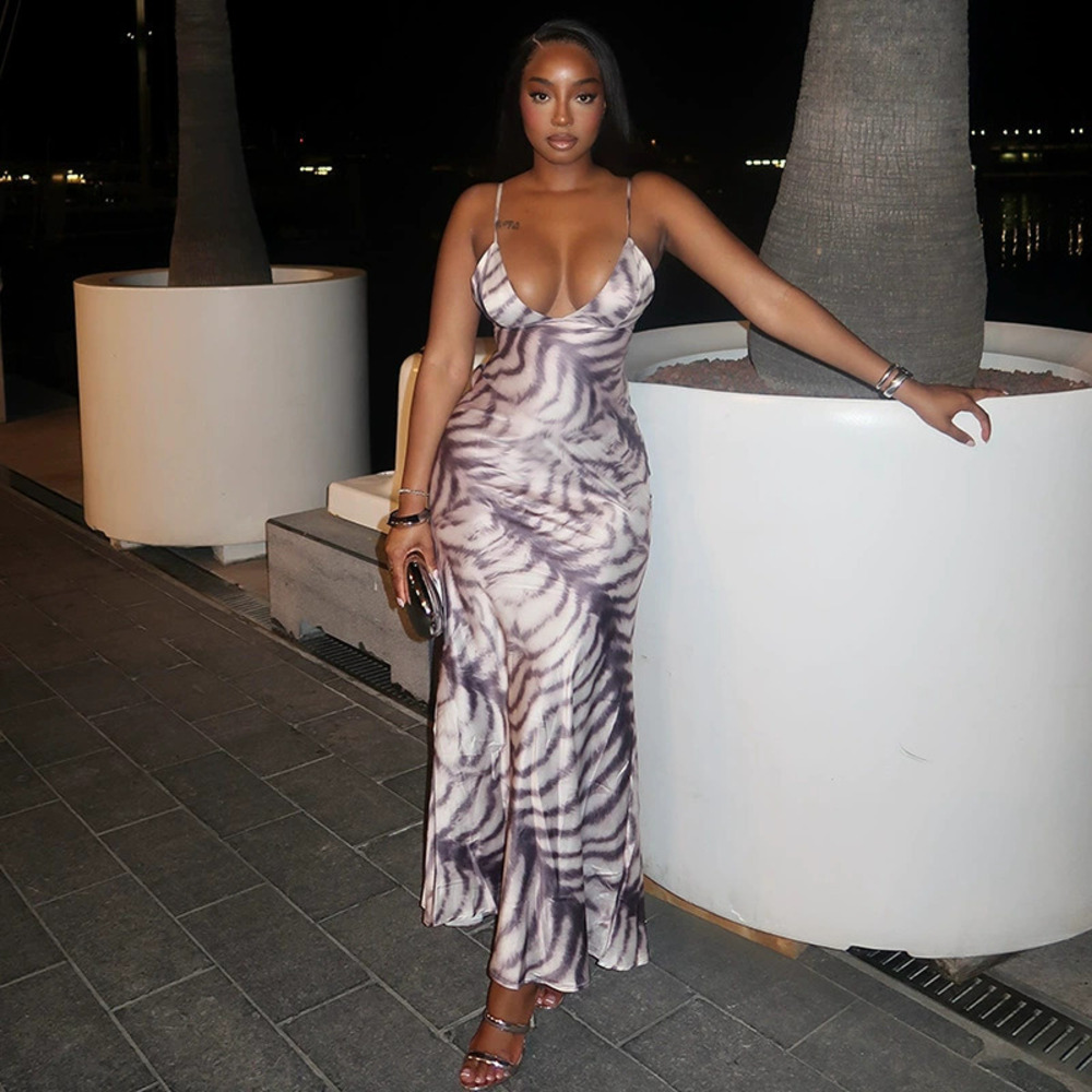 ZARA Color Block Stripe Bodycon Low Cut Waist Tie Strap Maxi Dress Evening
